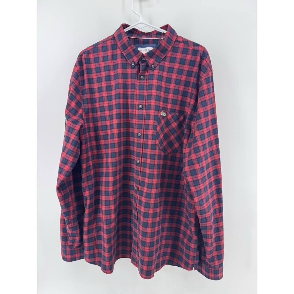Lacoste Button Down Shirt Men XL Navy Blue Red Plaid Regular Fit Preppy